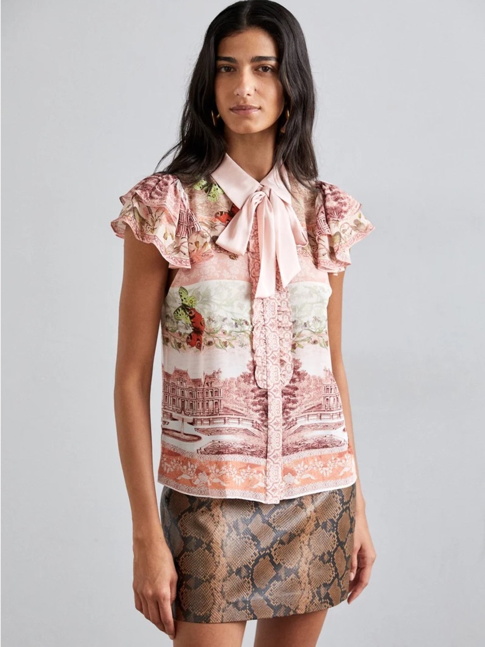 Alice + Olivia Pink Scenic Tie-Neck Flutter Sleeve Blouse